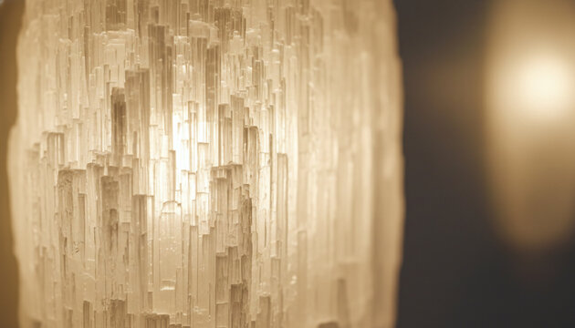 Translucent raw Selenite crystal texture backlit with warm golden light