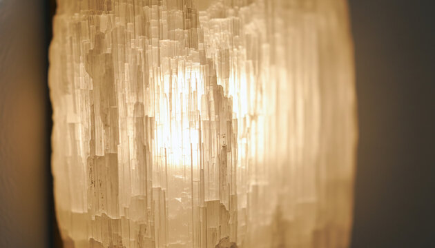 Translucent raw Selenite crystal texture backlit with warm golden light