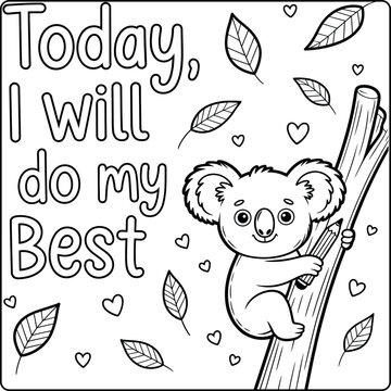 Cute koala coloring activity sheet with motivational quote and leaves North America.