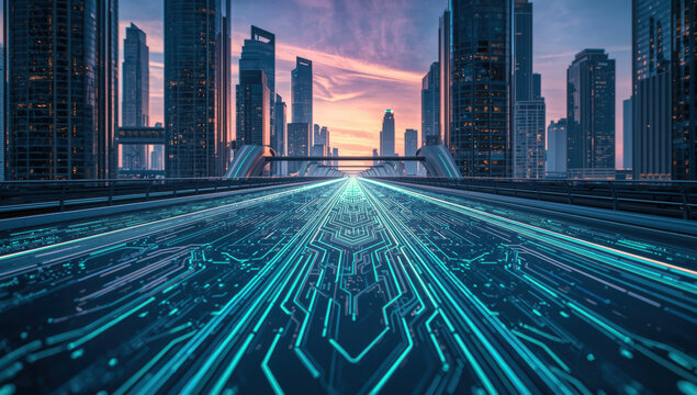 Futuristic smart city neon circuit road sunset skyline highrise