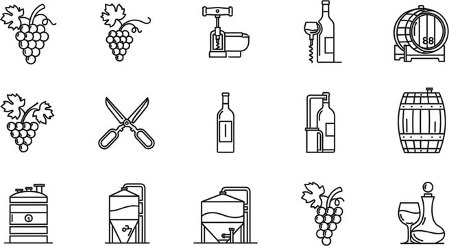 Flat winemaking and viticulture icon vector set with vibrant grape and winery symbols for vineyard and wine club design