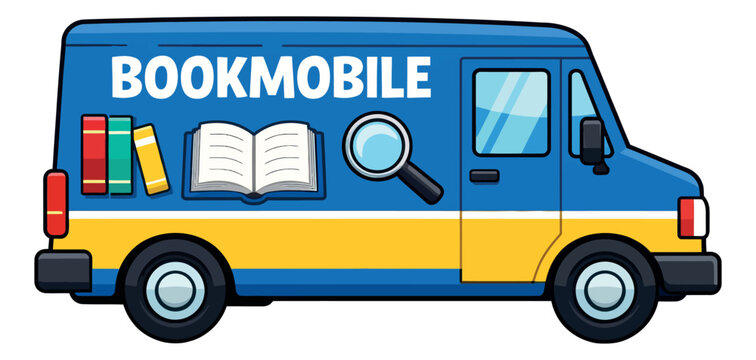 Cartoon illustration of a bookmobile depicting mobile library services with books and a magnifying glass for education and community outreach