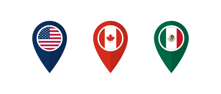 Location pin icon with flag of the USA, Canada and Mexico. Map marker or pointer with American, Canadian and Mexican flag