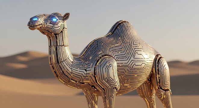 A futuristic robotic camel standing alone in desert.