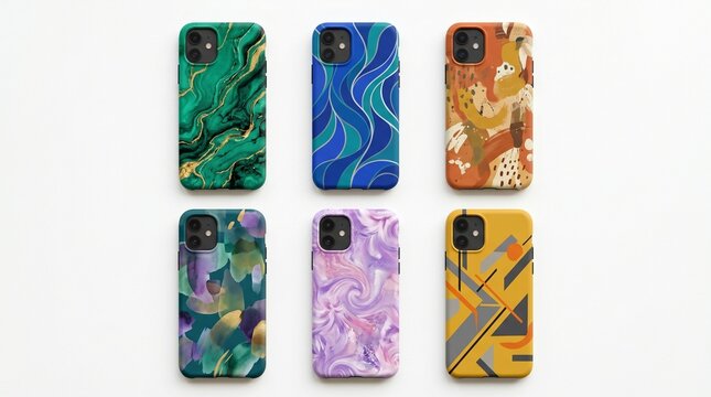 Vibrant Phone Cases: A collection of stylish phone cases showcases an array of striking designs and artistic patterns, perfect for expressing personality and flair. 