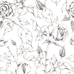 Fototapeta premium Vintage rose flowers, buds, leaves on straight stems with thorns, spikes. Seamless pattern illustration hand drawn in fine pencil sketch linework for fabric design, textile wallpaper, wrapping paper