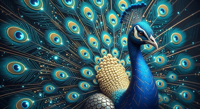 A vibrant peacock displays its colorful feathers.