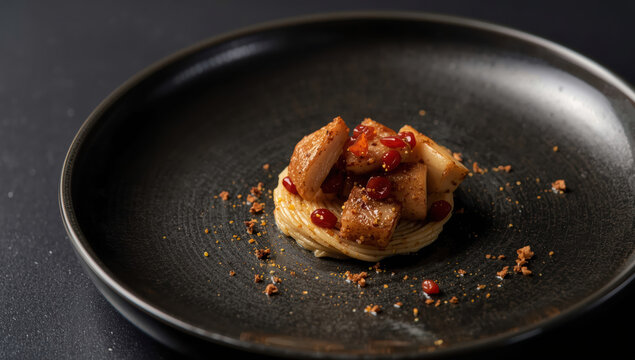 Seared scallop and potato nest with red pepper glaze on black plate
