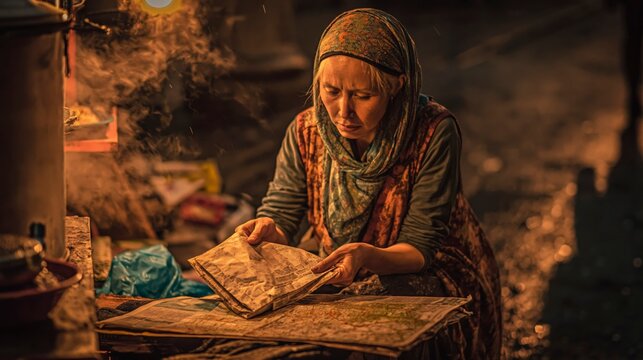 Woman reading a map in a dimly lit market