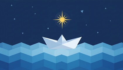 Obraz premium Symbolic geometric paper boat on ocean for hope and refugee day