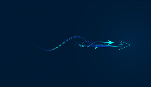 The blue digital arrows weaves forward, illustrating the complex path to achieving long-term economic success. and blue paths represent a growing tech trend, marking a consistent rise