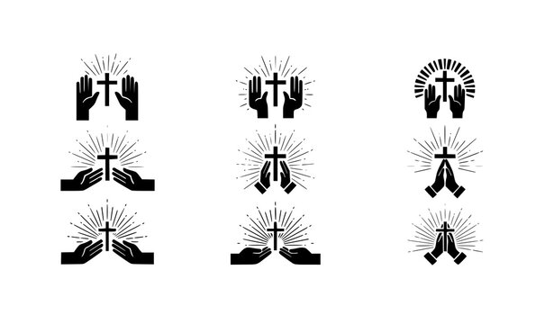 Vintage Christian badge logo with praying hands cross and sunburst retro religious symbol