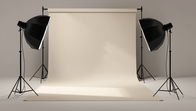 Studio photography backdrop with softbox lights creating neutral mood