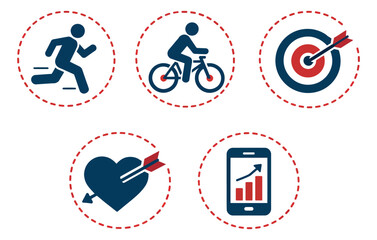 Fototapeta premium Modern flat icon set featuring a runner, cyclist, target with arrow, heart with arrow, and smartphone with growth chart for fitness, love, and business concepts