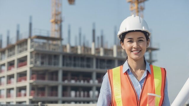 Smiling female engineer in hard hat at construction site. Professional Asian architect posing with building project in background. Women in industry concept with copy space