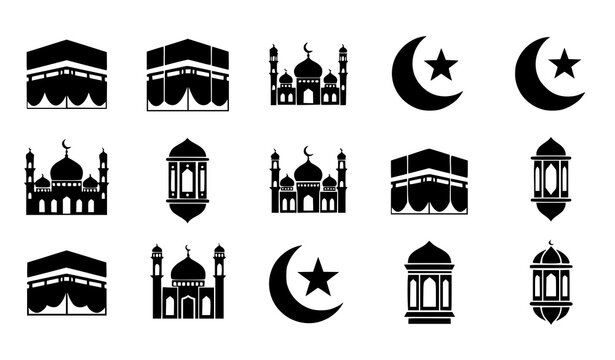 Islamic silhouette icon set with Kaaba mosque crescent and lantern for Ramadan and Eid vector