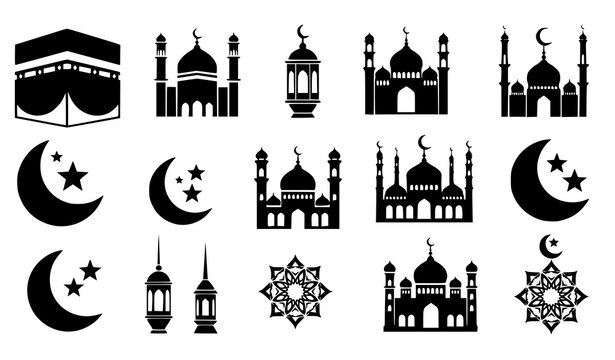 Kaaba and mosque silhouette icons collection Islamic symbols for Hajj Umrah Ramadan vector