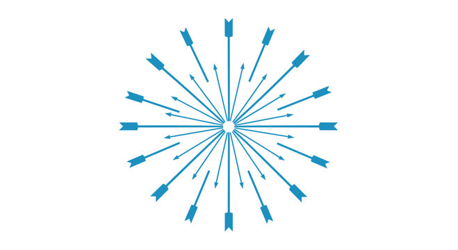 A symmetrical blue arrow burst pattern radiating from a central point outward to create a dynamic star formation on a light blue solid background surface area.