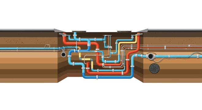An intricate cross-section view of colorful utility pipes and conduits embedded within stratified earth layers reveals the complex subterranean infrastructure of modern city system