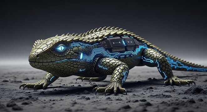 A futuristic robotic lizard on a gray surface.