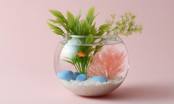 a small round shape aquarium, with real looking greens and cora