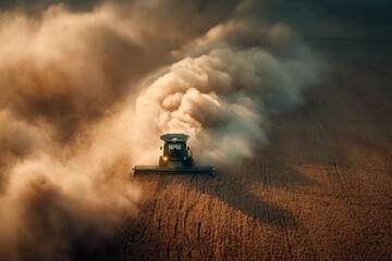 Fototapeta premium Harvester kicking up dust in golden field