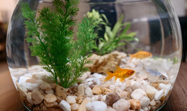 a small round shape aquarium, with real looking greens and cora