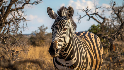 Naklejka premium Zebra standing in golden grassland with acacia trees and dramatic sky at sunset