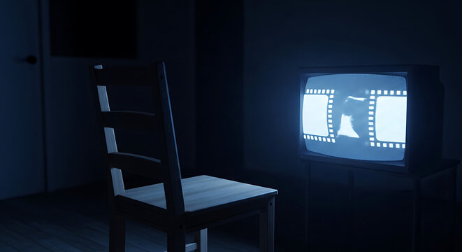 A wooden chair facing a vintage television set in a dark, dimly lit room