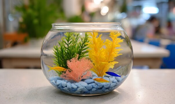 a small round shape aquarium, with real looking greens and cora