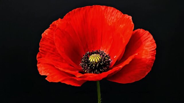 A striking red poppy blooms boldly against a dark background.