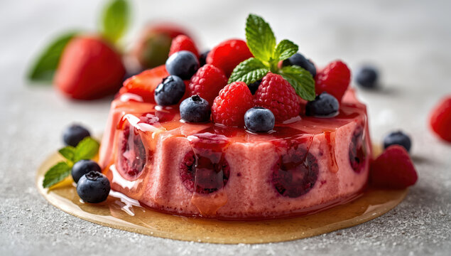Raspberry panna cotta topped with blueberries, raspberries and mint, glazed with syrup