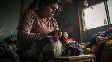 Fototapeta premium Woman sewing a colorful sock in a dimly lit room