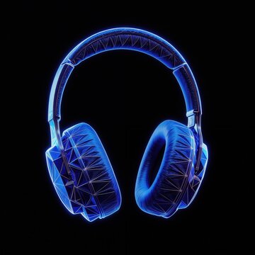 Blue polygonal hologram headphones float on dark background. Futuristic tech device glows with neon light. Digital audio equipment for music and gaming.