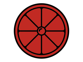 Fototapeta premium A simple red wheel icon with black outline and sections on a white background, conveying a minimalist and graphic design style.