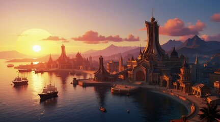 Fototapeta premium Fantasy coastal city with unique architecture at sunset. Ships sail in harbor waters. Mountains rise beyond city buildings. Golden sun sets over calm sea.