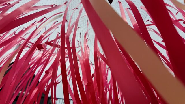 Vibrant pink ribbons create dynamic and colorful display in air, forming whimsical pattern that evokes sense of celebration and joy, perfect for any decoration.