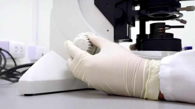 Laboratory microscope gloved hand adjusting medical sterile glove scientific instrument on white bench for clinical research sample analysis in laboratory setting close up