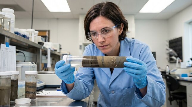Female marine geologist analyzing core sample in laboratory setting  
