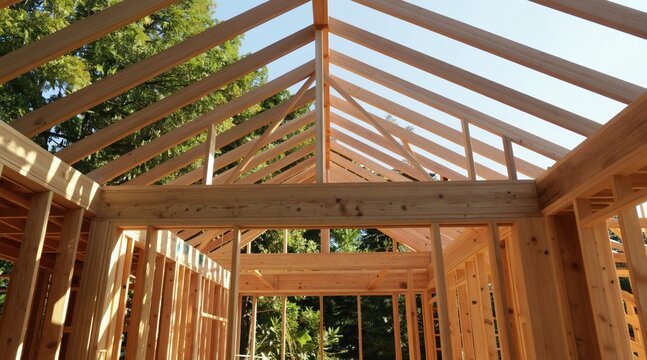 Wooden frame of house built in forest setting. Building has visible roof trusses and joists under clear blue sky. Daytime scene shows new home structure progression.