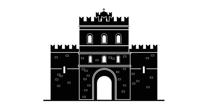 Black and white castle gate tower.