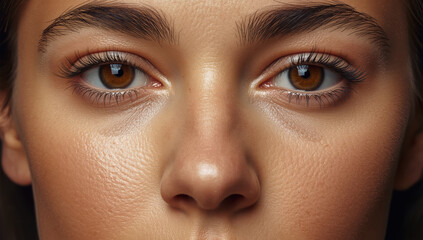 Fototapeta premium Brown eye closeup of textured skin and eyebrow with natural lighting and calm expression