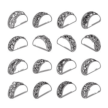 Collection of hand drawn taco illustrations in isometric view on white background