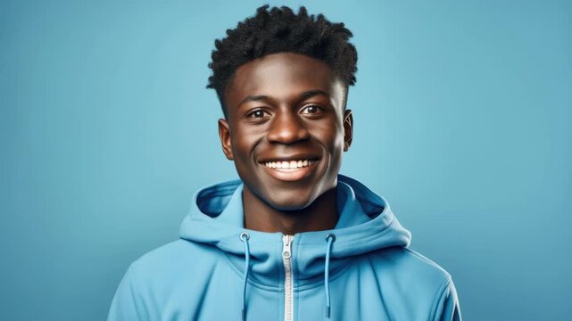 A young man with short hair is seen smiling and looking at the camera against a blue background. He is wearing a casual hoodie.