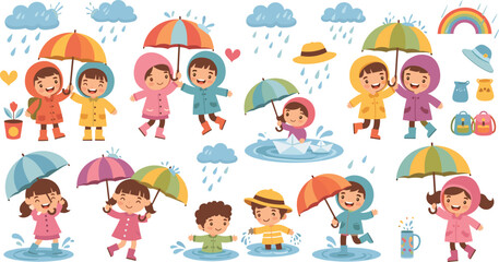 Fototapeta premium Kids Playing in the Rain Vector Set with Umbrellas, Raincoats, Boots, and Puddles for Fun, Spring, and Weather-Themed Illustrations