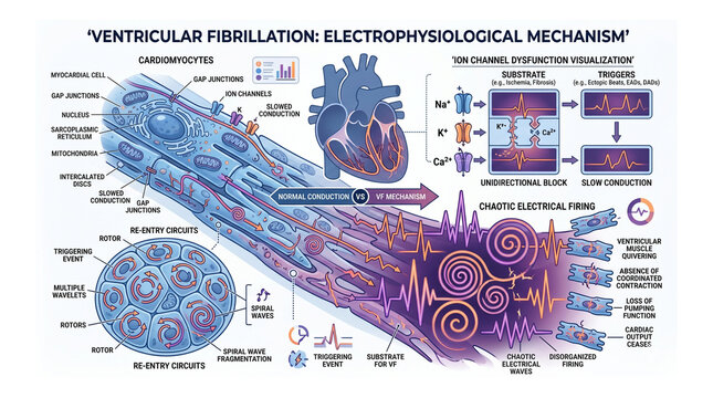 Ventricular Fibrillation: Electrophysiological Mechanism - &mdash; Medical visualization of Cardiac Arrhythmia, Ion Channel Dysfunction, and Re-entry Circuit Pathology
