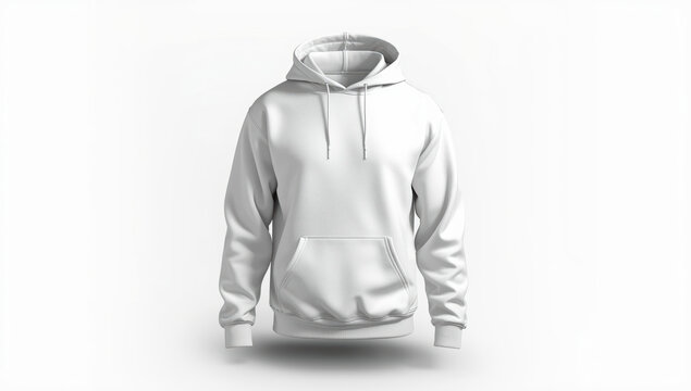 White hoodie mockup front view with hood and kangaroo pocket, clean minimal garment presentation