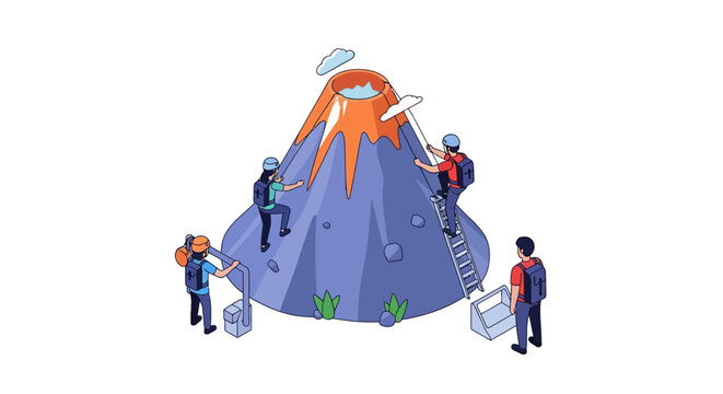 Isometric illustration of volcano with people climbing and exploring it.
