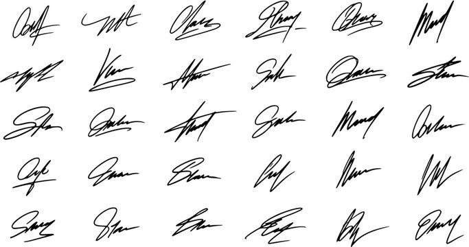 Collection of diverse handwritten signatures. Various abstract autographs for identity, authorization, and stylish design. Black on white.