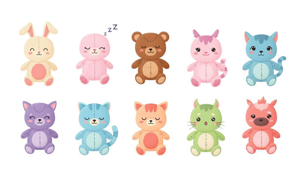 Adorable plush doll character set with cute expressions and soft toy designs vector illustration